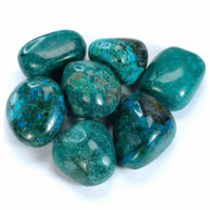 Pierre de chrysocolle naturelle aux teintes bleues et vertes, utilisée en lithothérapie pour apaiser les émotions et favoriser la communication